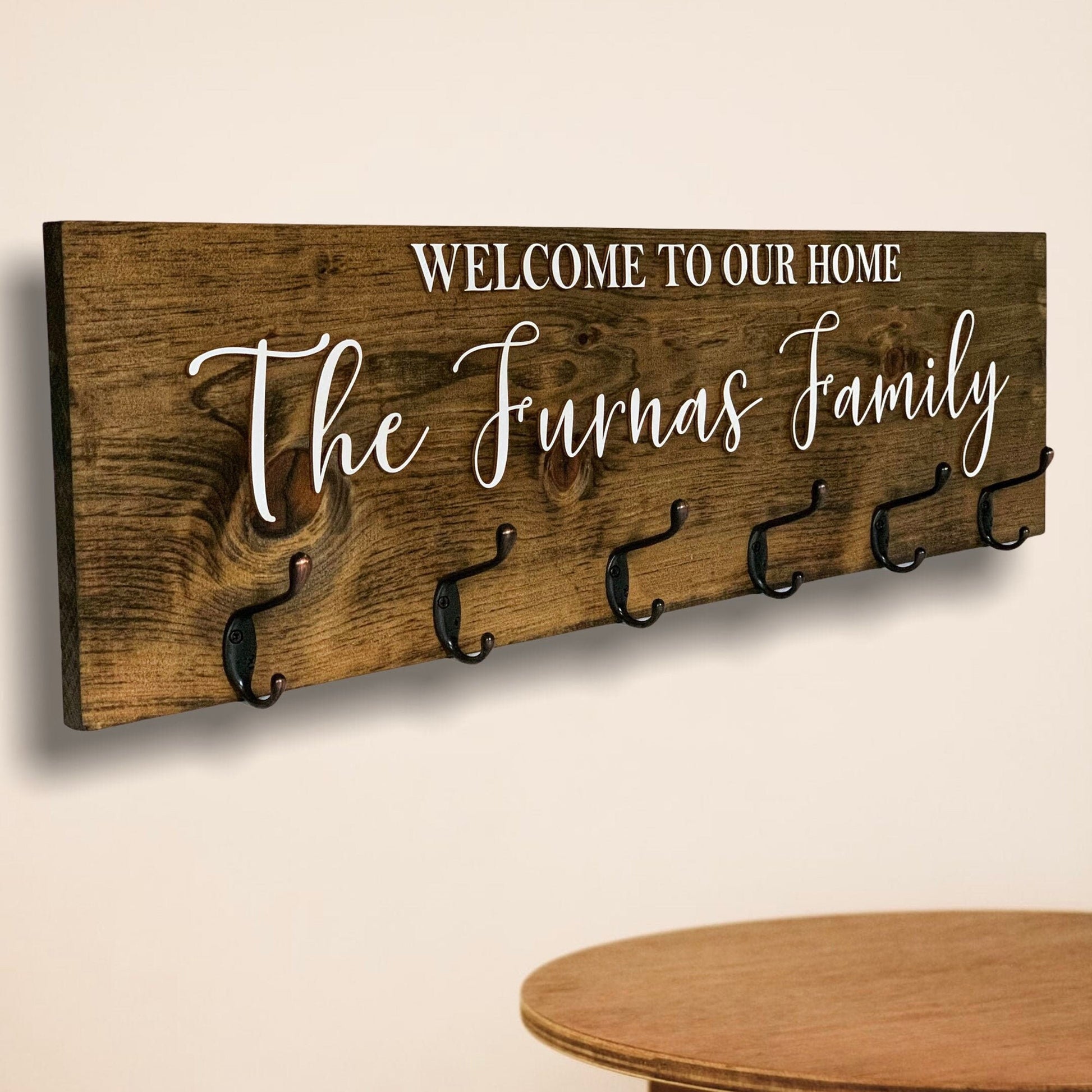 Custom Welcome Coat Rack Wall Mount w 3D Raised Lettering Personalized Sign w Hooks Hanger Wedding Gift Rustic Family Name Housewarming Gift