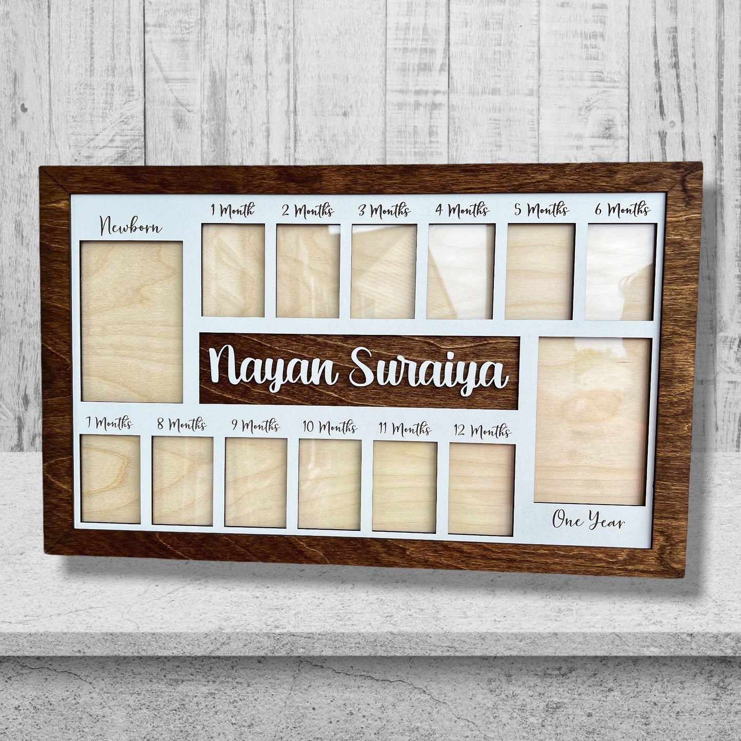 Newborn-One Year First Year Picture Frame Custom Personalized Photo Display with Raised Lettering Rustic Photo Display Board